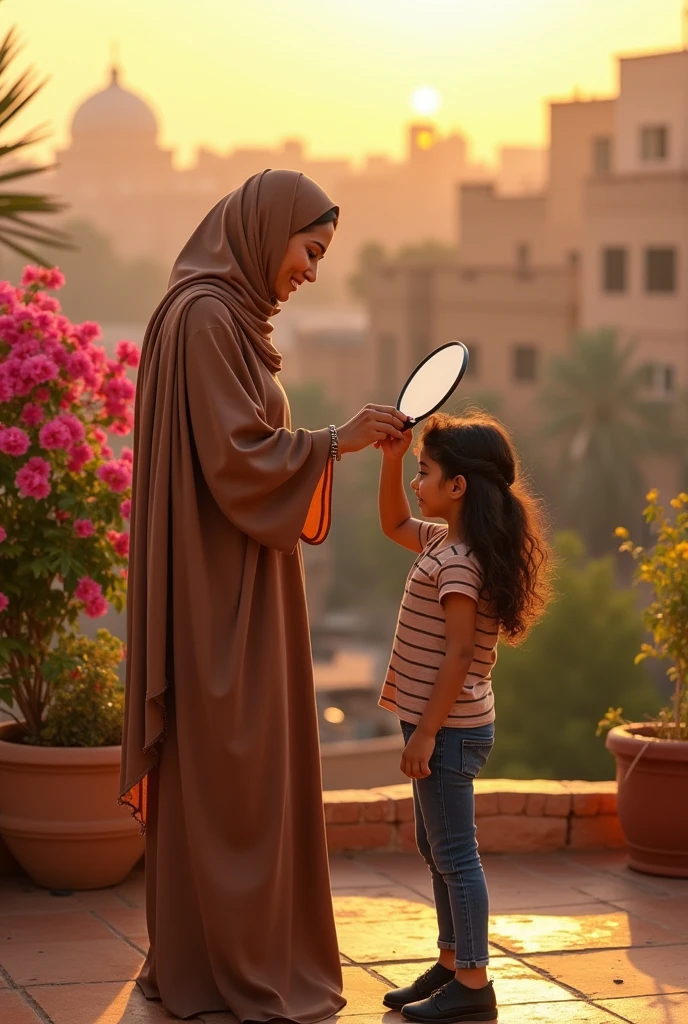 La belle femme arabe peigne les cheveux de sa fille avec un peigne sur le toit de la maison. Elle porte une djellaba marron , avec une couverture en laine marron sur la tête. Une fille portant un jean et chaussure noir et portant un petit miroir.