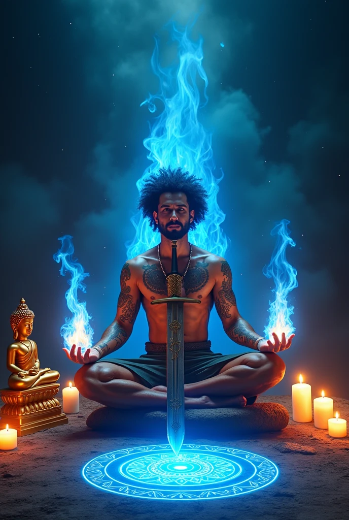 A Brazilian warrior in a meditative pose, with his large sword to the right of his eyes, flames of blue emanate from his eyes and hands., Around him, candles and a large golden Buddha image to the left. 8k background, a circle of blue light power with many holistic Reiki symbols, symbolizing a portal. 