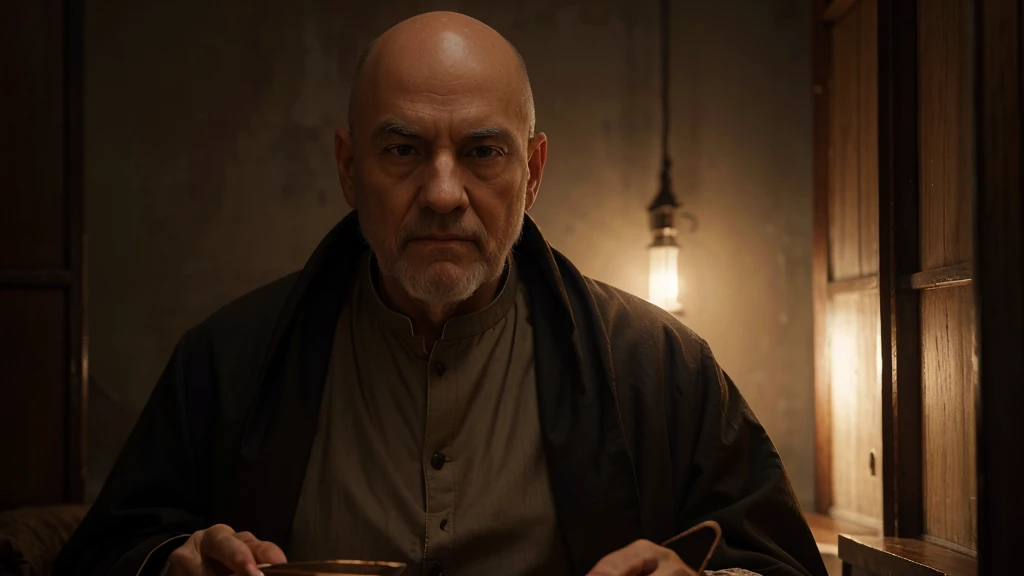 a very old friar, bald on top, wearing traditional monk robes, detailed face, intricate clothing folds, warm lighting, oil painting, photorealistic, 8k, high quality, cinematic lighting