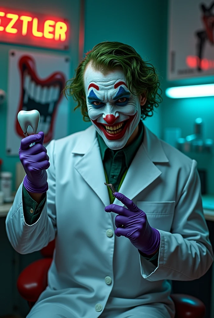 Create an image of the joker in a dentist&#39;s coat holding a corpule in one hand and a forceps in the other with a smile on his face