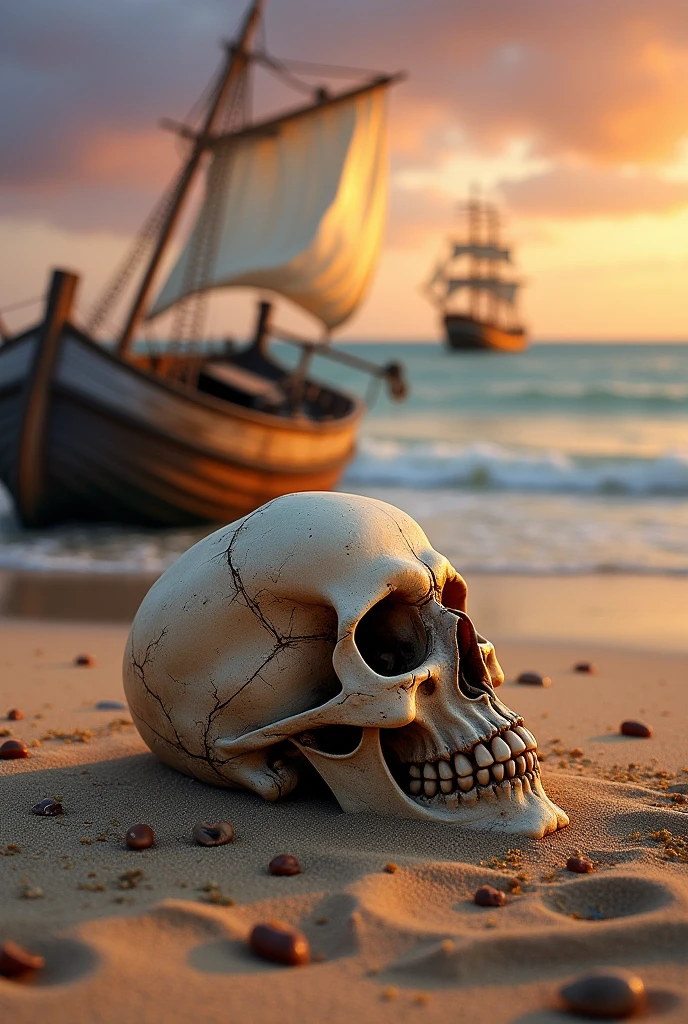 A skull sitting beside a boat on the beach with a ship on the horizon