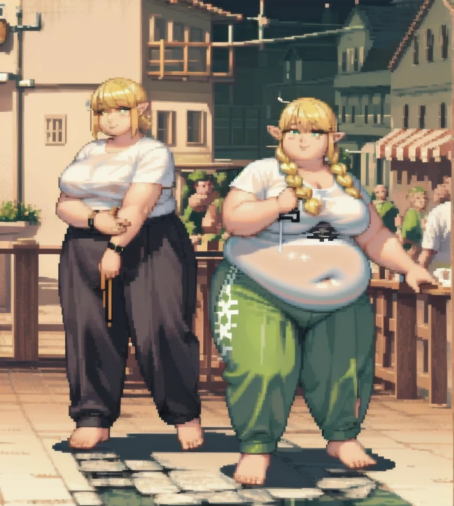 high quality, Pixel, 32 Bits, 1 solo girl, detailed eyes, obese erufuda, short hair, pointy ears, blonde hair, (green eyes:1.5), white t-shirt, green pants, barefoot, braid, big butt, big breasts, cute, thick thighs, ((Perfect body)), 4K