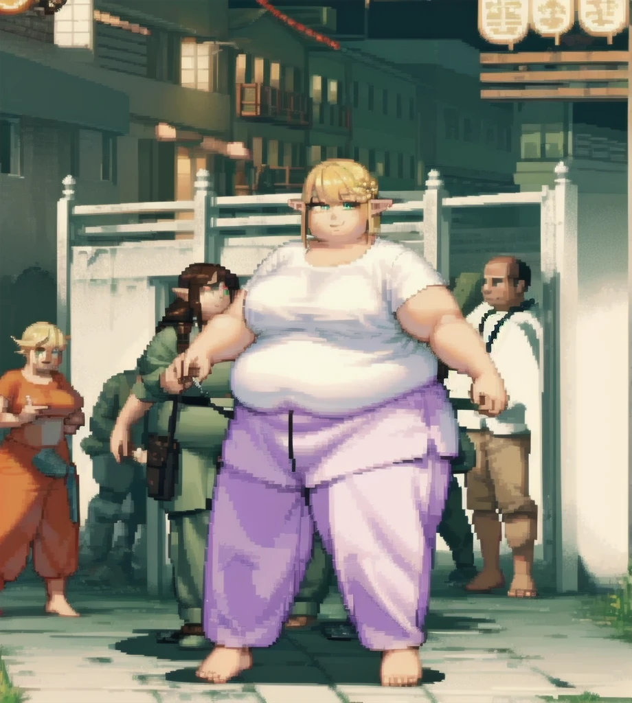 high quality, Pixel, 32 Bits, detailed eyes, 1 solo girl, obese erufuda, short hair, pointy ears, SSBBW, blonde hair, (green eyes:1.5), white t-shirt, green pants, barefoot, braid, extra big breasts, thick thighs, ((Perfect body)), smile, night, bedroom, 4K, PixelArt