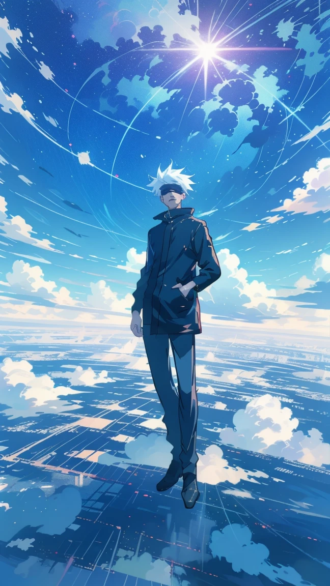 1boy, full body shot, perfect hand and fingers, satoru gojo, blindfold, black outfit, white hair, look at sky, smirk, red and blue moon city night background, wallpaper, cinematic,High resolution 8K, Bright light illumination, lens flare, sharpness, masterpiece, top-quality, The ultra -The high-definition, high resolution, extremely details CG, Anime style, Film Portrait Photography,masterpiece,hyperdetail