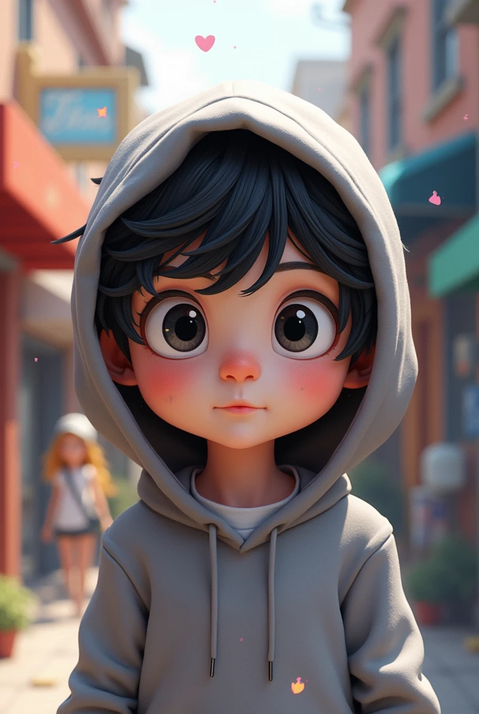 I want to create a series of stickers for WhatsApp and Telegram here the character has white skin, black eyes, black hair, gray hoodie, he's a boy.