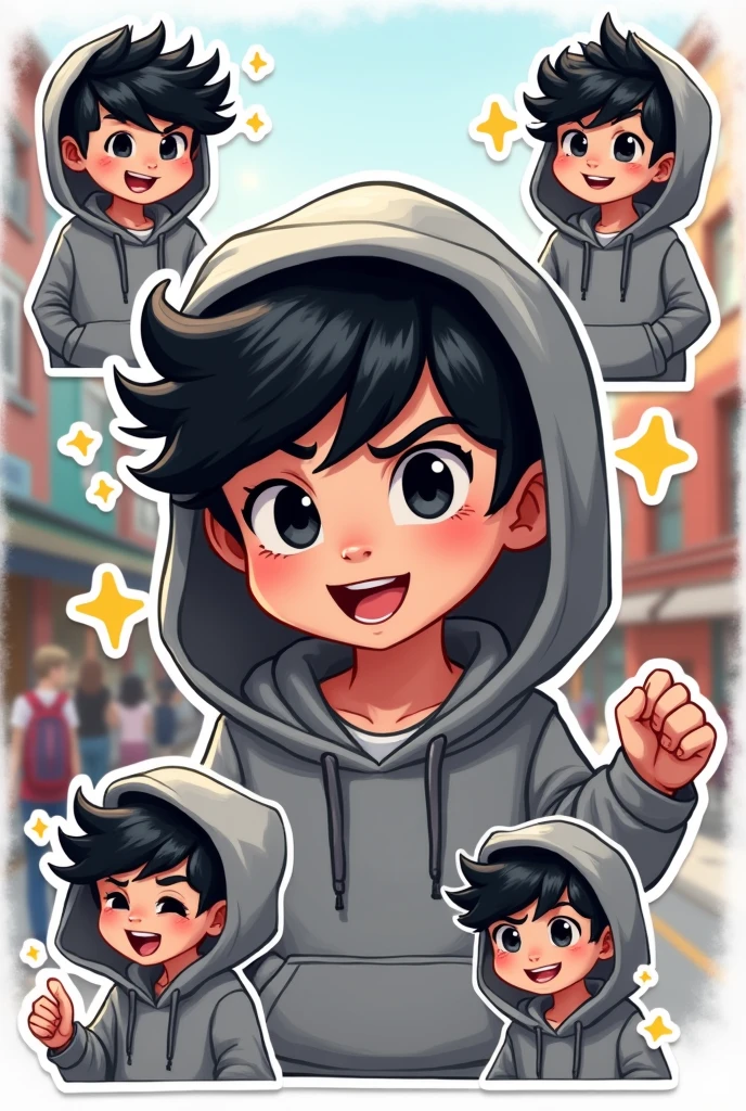 I want to create a series of stickers for WhatsApp and Telegram here the character has white skin, black eyes, black hair, gray hoodie, he's a boy.