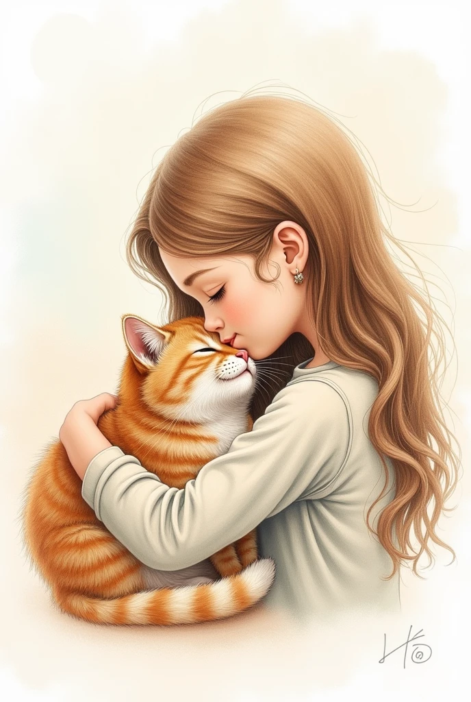Create a color pencil sketch of a girl gently kissing a cat. The girl should be shown in a close-up, side profile, or slight angle, with her eyes closed, expressing affection. The cat should be comfortably nestled in her arms, with soft fur and a relaxed expression, enjoying the moment. Emphasize the tenderness of the scene through the detailed texture of the girl's hair, the cat's fur, and their facial expressions. Use a soft, natural color palette with subtle shading to enhance the warmth and intimacy of the interaction. Keep the background simple to maintain focus on the girl and the cat.