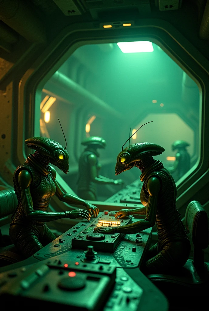 dark sci fi space ship interior nostromo, alien Prometheus movie style, slightly messy retro futurism realistic cockpit bridge hazy atmosphere with green insectoid dragonfly humanoids in space suits manning turret stations