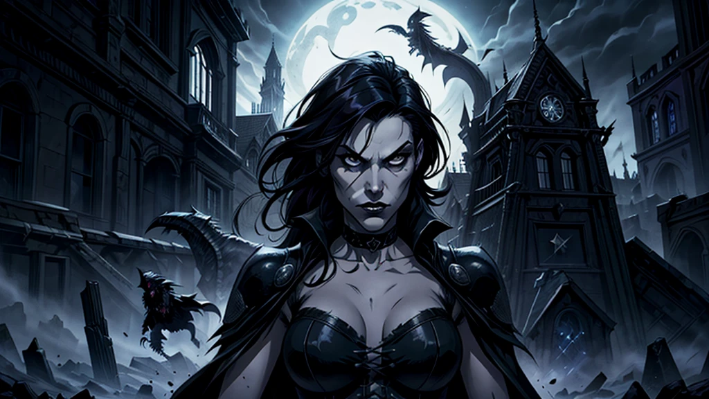 Create a haunting, high-fantasy image of a vampire rockstar, "Raven Blackwood", fighting against a legion of undead creatures in a dark, gothic metropolis.