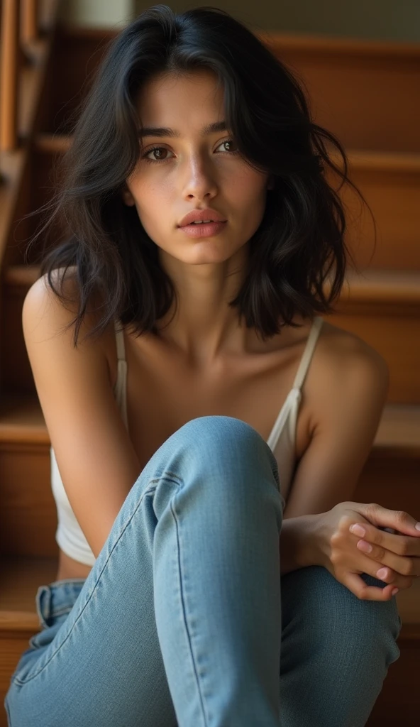 A stunning 18-year-old girl with soft, shoulder-length black curls and porcelain-like skin sits gracefully on wooden stairs. Her delicate features and mesmerizing eyes exude a natural beauty that captivates the viewer. She wears fitted jeans that complement her slender frame. Sitting sideways with her legs gently pulled up towards her chest, she gazes at the camera with a blend of innocence and allure, creating an emotionally charged connection. The scene is bathed in warm sunlight, highlighting the rich textures of the wood around her. The photo, captured with a Sony FX3, emphasizes the ethereal quality of her presence, making her beauty and the moment feel almost surreal.