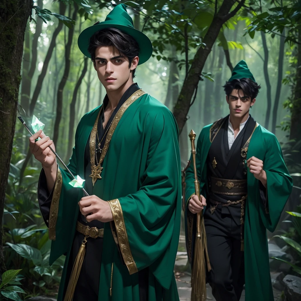 a muscular handsome wizard, (face : Matthew Daddario), extremely detailed face, perfect face, short hairstyle, looking at the viewer majestically, emerald green robe, black pants, wand with emerald crystal in his hand, sexy look, wizard hat, smooth skin, doing nature magic, 