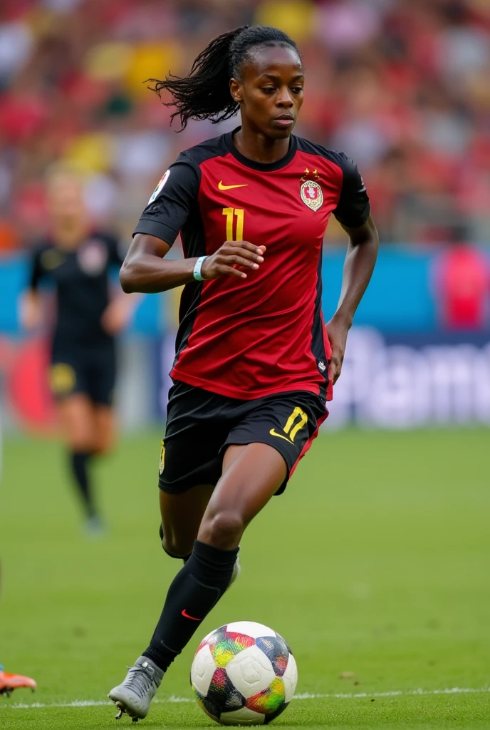 a soccer player from the Flamengo team, stark, dark-skinned, she has small diamond earrings