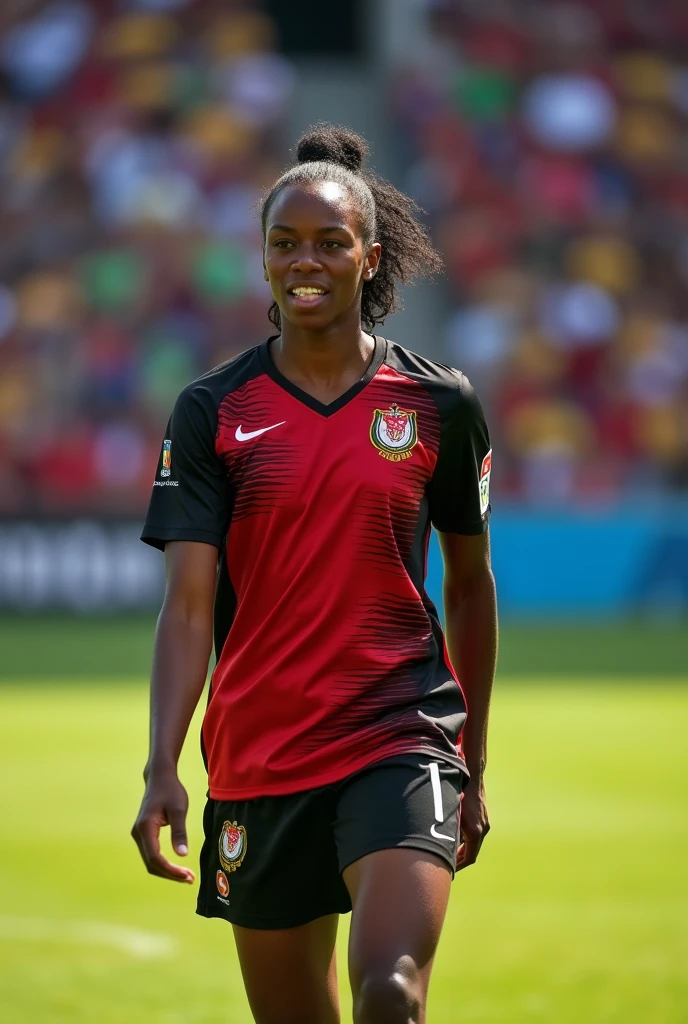 a soccer player from the Flamengo team, stark, dark-skinned, she has small diamond earrings