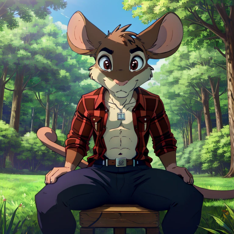 best quality, (masterpiece), (ultra detailed), (high quality), (high resolution), cartoon, tall handsome sexy brown rattata, strong abs, army tag, dark brown hair, brown rat tail, two tone brown fur, light brown fur, mouse ears, beautiful big black mouse nose, beautiful detailed eyes, nice shading, sitting, red flannel country shirt, black  jeans, nature, male, happy, brown fur, sexy body, 