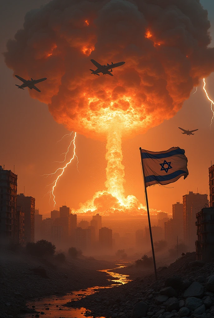 A rain of fireballs.There are APIs in the city of Israel, and there was a large atomic bomb explosion. There was a large lightning bolt in the sky, and there was a torn Israeli flag and buildings were destroyed, dust was thrown into the air, and there were bomber aircraft flying in the air.