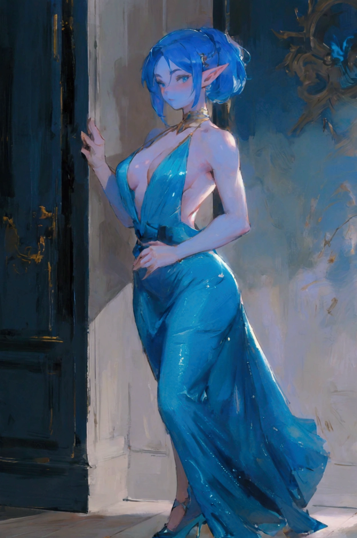 a woman with blue hair and a teal ballroom dress is standing, style artgerm, trending artgerm, artgerm lau, artgerm style, style of artgerm, as seen on artgerm, artgerm and rossdraws, extremely detailed artgerm, like artgerm, artgerm art, blue sea-elf, full body, Blue skin, azure complexion