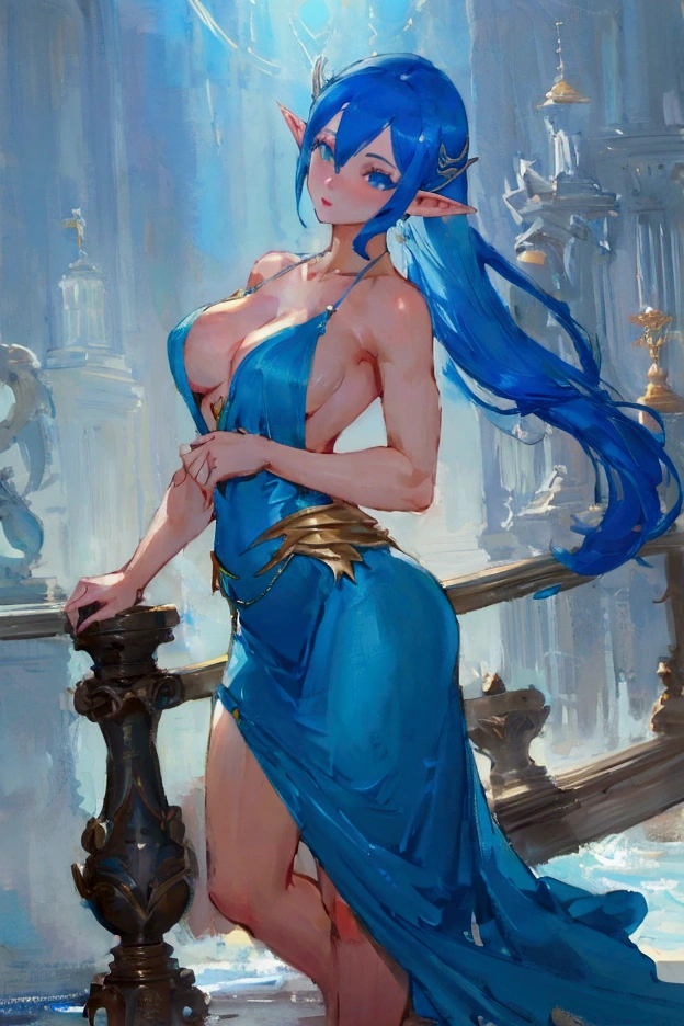 a woman with blue hair and a teal ballroom dress is standing, style artgerm, trending artgerm, artgerm lau, artgerm style, style of artgerm, as seen on artgerm, artgerm and rossdraws, extremely detailed artgerm, like artgerm, artgerm art, blue sea-elf, full body, Blue skin, azure complexion