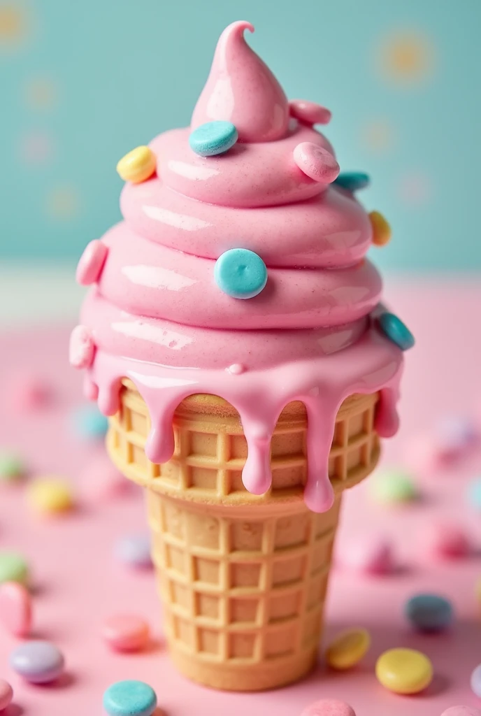 Create a scoop of pink ice cream in a cone and top the ice cream with a bubblegum sauce and colored chips