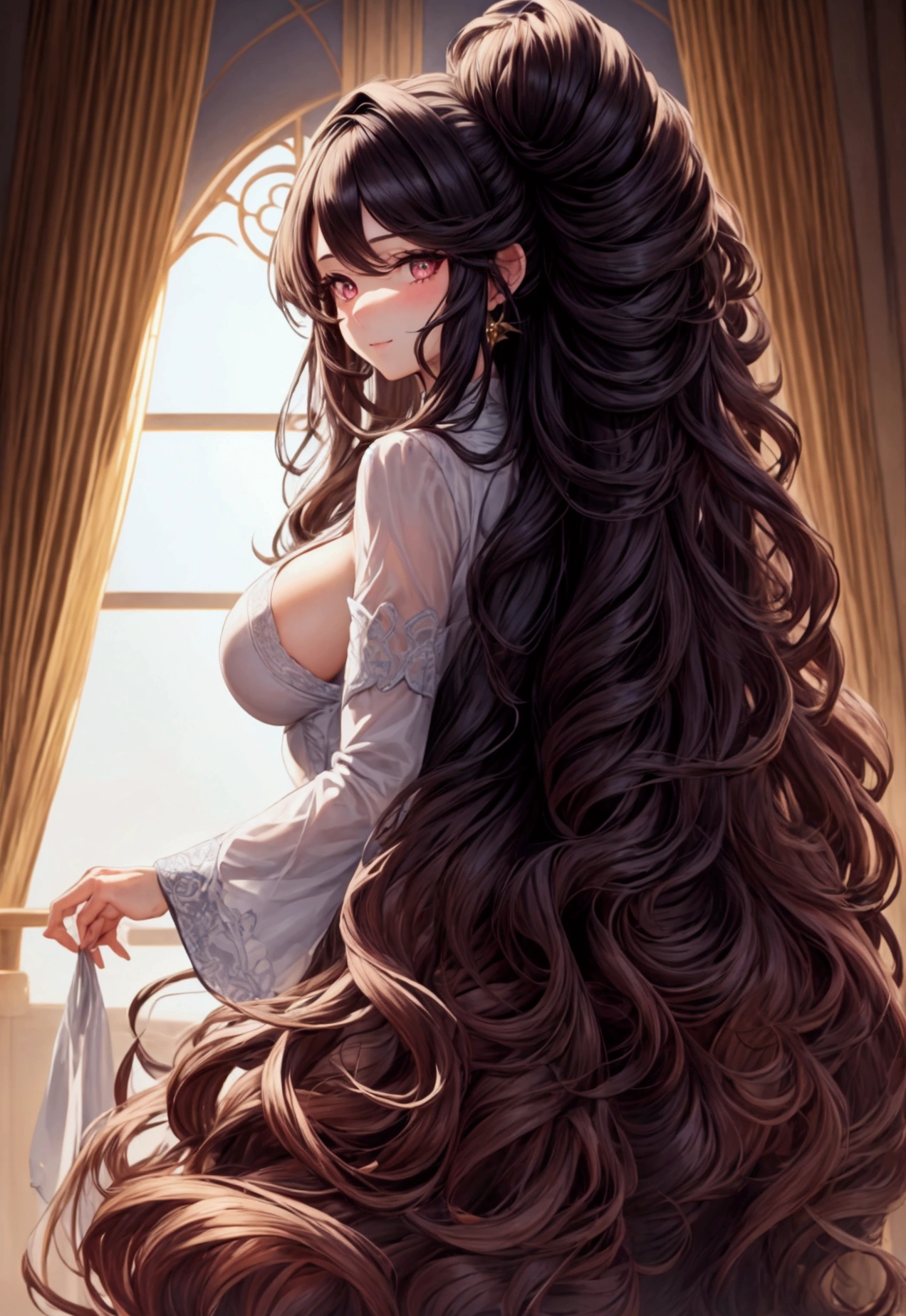 cute girl, super long hair, hair, big hair, thick hair, big breasts, big butt, hourglass body, emphasis on hair, emphasis on eyes, emphasis on face, blush, smile, sexual clothing