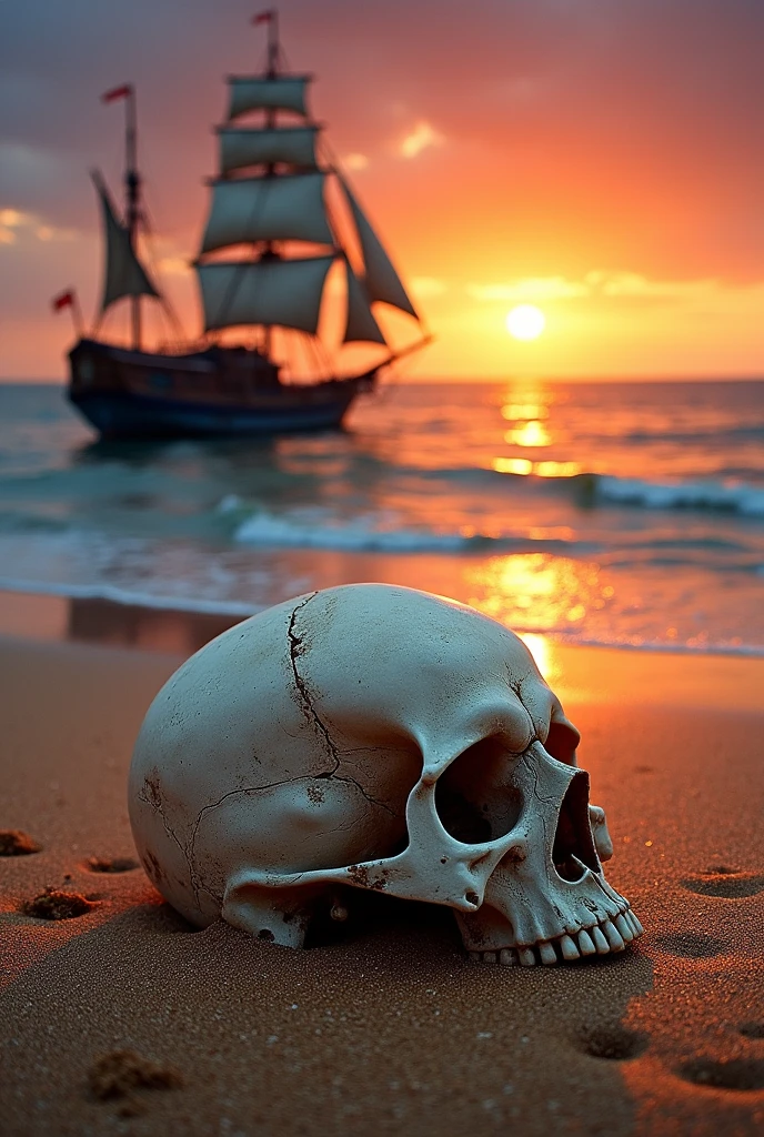 A skull sitting beside a boat on the beach with a ship on the horizon 