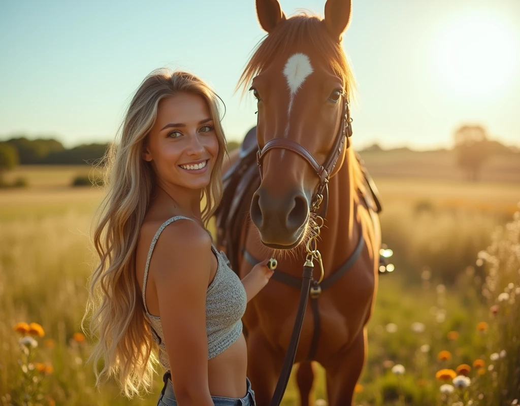 Full shot, (Horse:1.3), Pants, Cowboy shot, 1 girl, Black-blond hair, Long hair, Beautiful face in golden ratio, Green eyes, Standing alone, Ahoge, Midriff, Booties, Smile, へそ, Belt, Cleavage, Big breasts, Slim waist, Huge buttocks, Thick legs, Break,