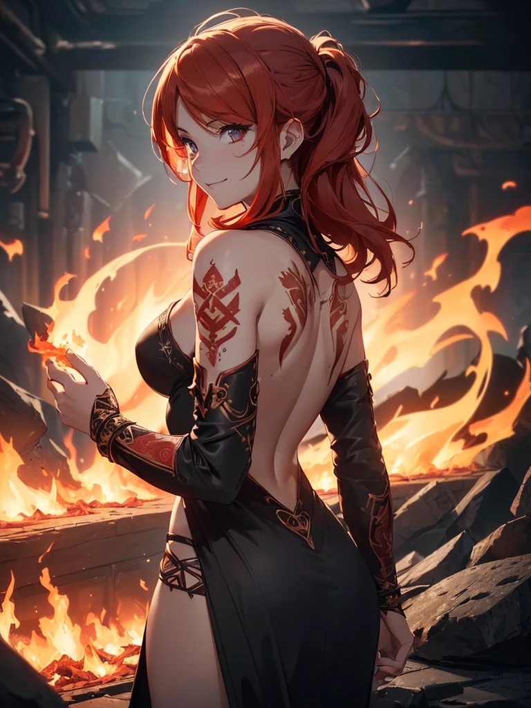 (((best quality, sharp image, clear image, cinematic lighting, 8k resolution, masterpiece, ultra detailed, intricate))) Girl, (((looking over left shoulder))), (shot from behind), fire mage, ((intricate background)), ((chaotic background)), red hair, smiling, ((flame runes, flame sigils)), (tatoo on back)