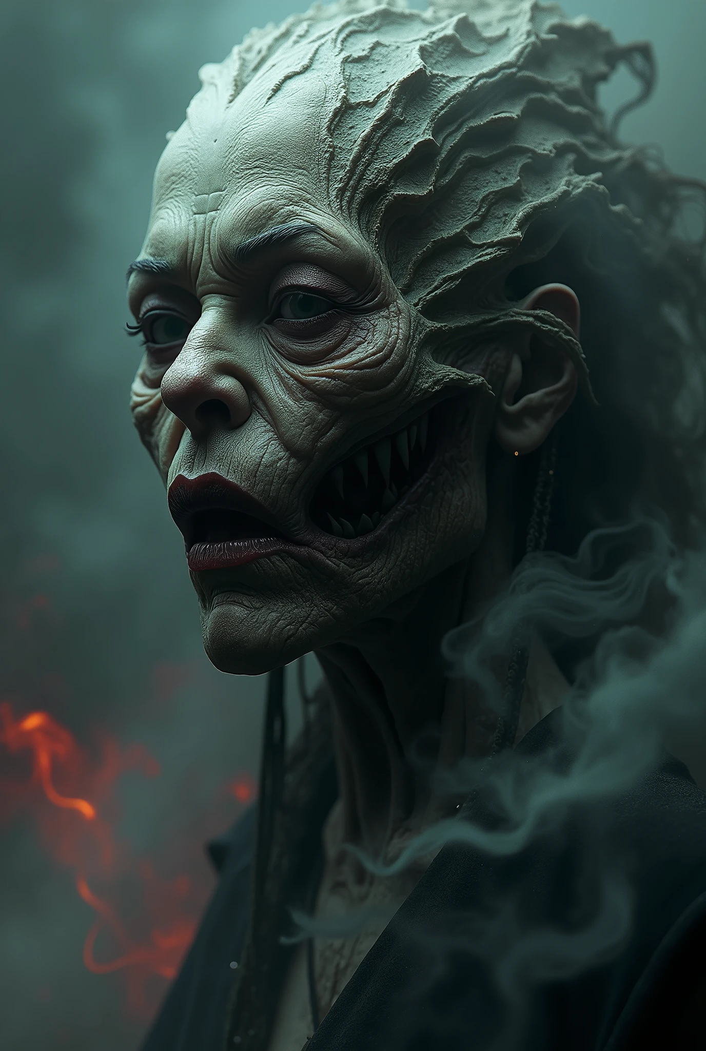 A highly detailed and hyper-realistic depiction of a lugubrious beastly goddess with an intricately scarred face. The character is surrounded by mist, evoking a mysterious and eerie atmosphere. The lighting is dark and atmospheric, with a red smoke adding a touch of sinister ambiance. The image is of the best quality, with a resolution of 4k and HDR enhancement, showcasing the utmost level of detail and realism
