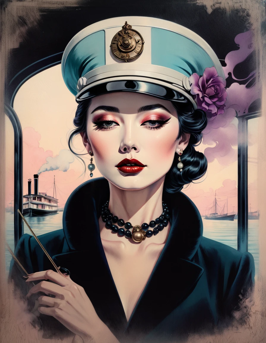 chiaroscuro technique on sensual illustration of an elegant woman on steam boat, vintage ,silky eerie, matte painting, by Hannah Dale, by Harumi Hironaka, extremely soft colors, vibrant, pastel, highly detailed, digital artwork, high contrast, dramatic, refined, tonal, minimal ratio, 