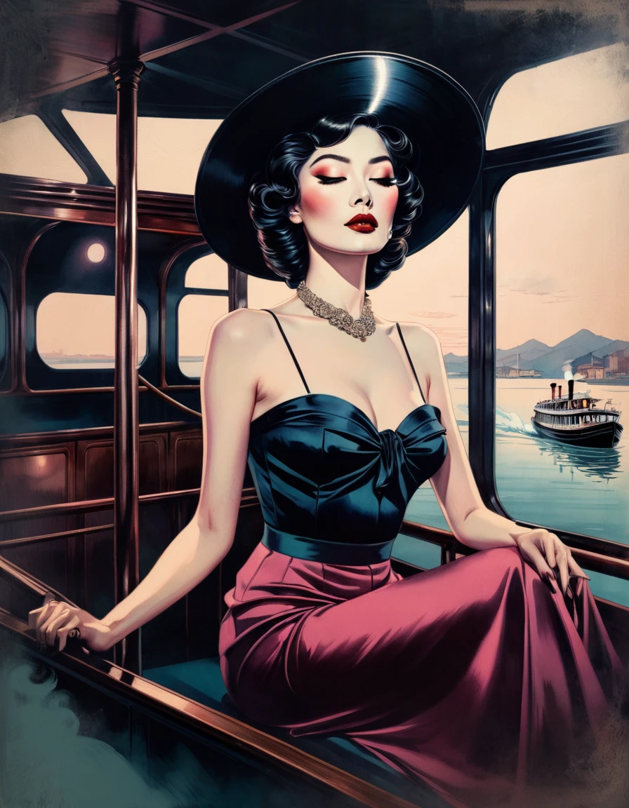 chiaroscuro technique on sensual illustration of an elegant woman on steam boat, vintage ,silky eerie, matte painting, by Hannah Dale, by Harumi Hironaka, extremely soft colors, vibrant, pastel, highly detailed, digital artwork, high contrast, dramatic, refined, tonal, minimal ratio,