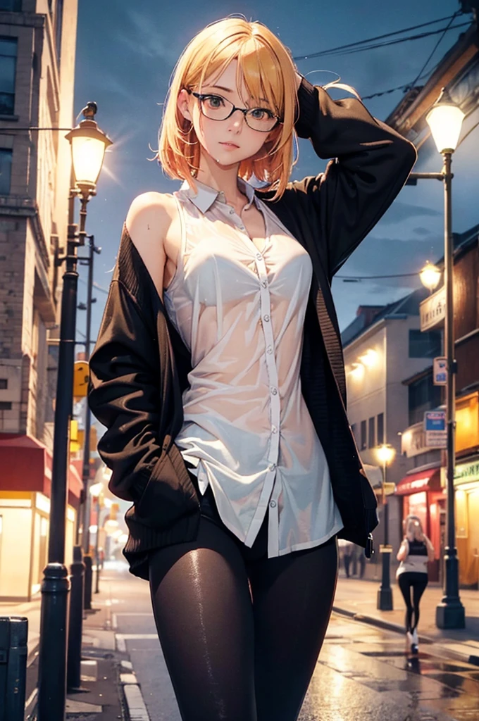 best quality, masterpiece, cinematic lighting, intricate, cinematic detailed realistic background, detailed face, full body, small breasts, realistic, ligne claire, 1girl jogging, cityscape, night, tied shirt, looking at viewer, tattoo, model pose, open cardigan, ringed yellow eyes, streetlight, lamppost, yoga pants, split-color hair, glasses, wet clothes