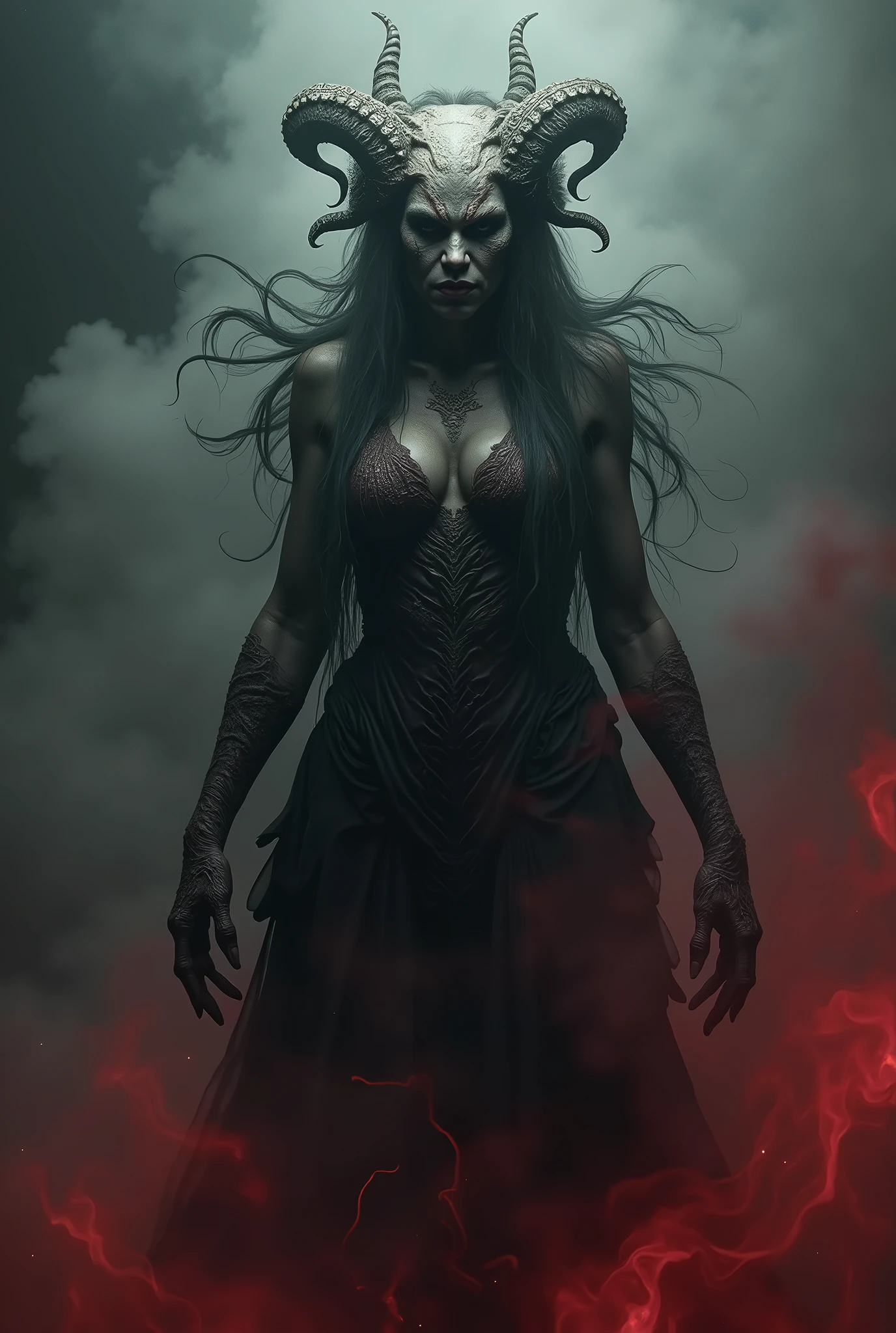 A highly detailed and hyper-realistic depiction of a lugubrious beastly goddess with an intricately scarred face. The character is surrounded by mist, evoking a mysterious and eerie atmosphere. The lighting is dark and atmospheric, with a red smoke adding a touch of sinister ambiance. The image is of the best quality, with a resolution of 4k and HDR enhancement, showcasing the utmost level of detail and realism