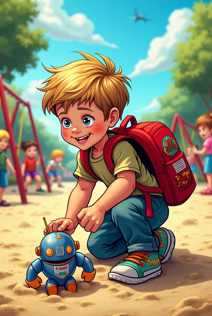 A comic book, an image of a child who found a toy that wasn&#39;t his and instead of returning it, he took it for himself and put it inside his bag. Represent this act of dishonesty in an image. Como A comic book de forma detalhada. An image that shows each part of the event: The child picking up and putting it in their backpack
