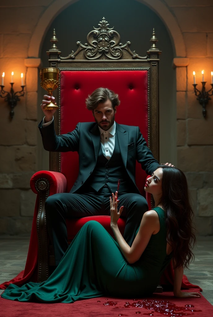 I want an image like this
"In this scene, we have a man with brown hair sitting on a red throne, wearing a black suit and holding a chalice. your mouth is covered in blood, indicating a shadowy image. Next to you, a woman is found kneeling, extending the severed fist, dripping blood. The man fills the chalice in his hand, with the woman's fist covered in a golden color. The woman is beautiful, with almost black wine-colored hair and she wears a moss green dress. They are in a dark and shadowy castle with candles, and the aesthetic is Dark Romance."