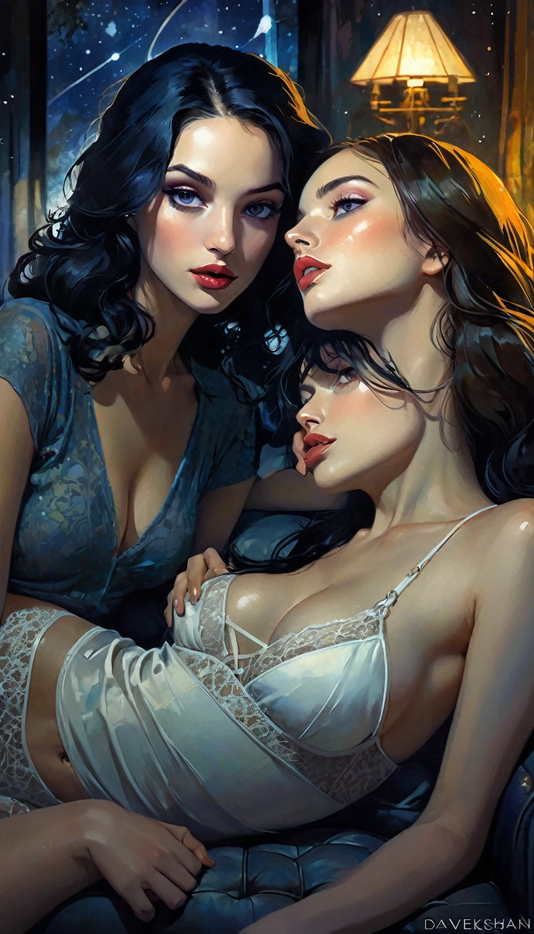 lesbianism, two sexy girls, lingerie, on the couch in a living room overlooking a magical night with stars, affectionate (best quality, 4k, 8k, high resolution, masterpiece: 1.2), ultra-detailed, (realistic, photorealistic, photorealistic : 1.37), intricate details, vivid colors, sharp focus, professional, Dave McKean artwork, surreal oil touch, oil painting style, portrait, woman, beautiful detailed eyes, beautiful detailed lips, dreamlike atmosphere, game of shadows, soft lighting, fun pose, dark tones, ethereal background, fantasy elements, texture, layered composition. art inspired by Bill Sienkiewicz and Dave McKean
