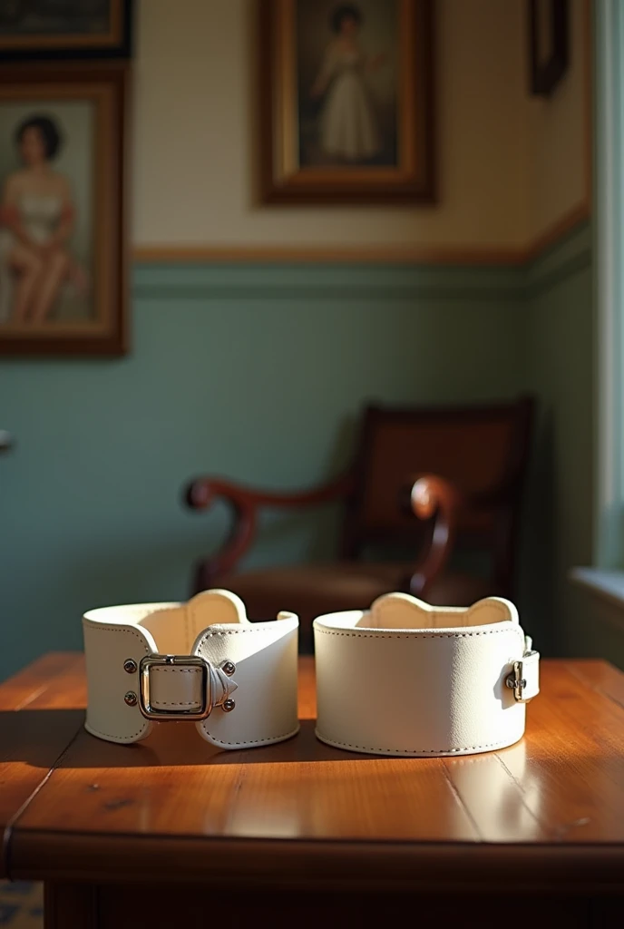 On a table lie white wide leather handcuffs
