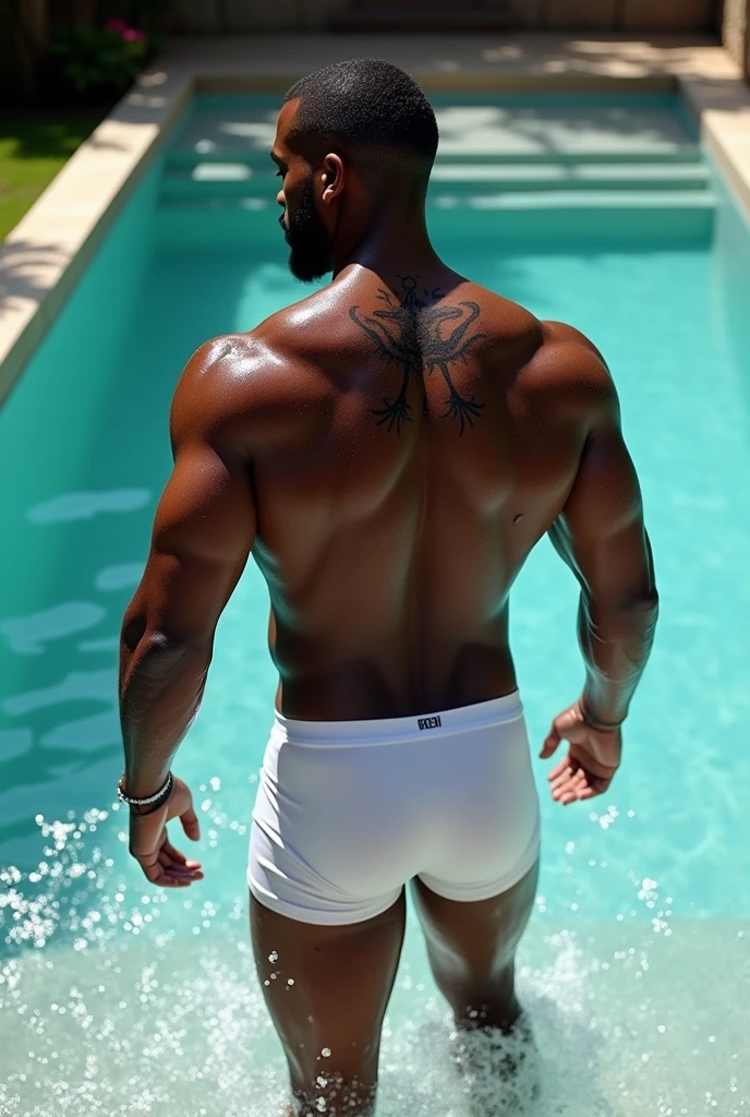 Man of 1,94 meters tall, dark-skinned, brawny, minimalist humanoid alligator tattoo on the neck, close-shaven beard and dark eyes, walking out of the pool in white briefs by the stairs, showing his big butt through the wet underwear 