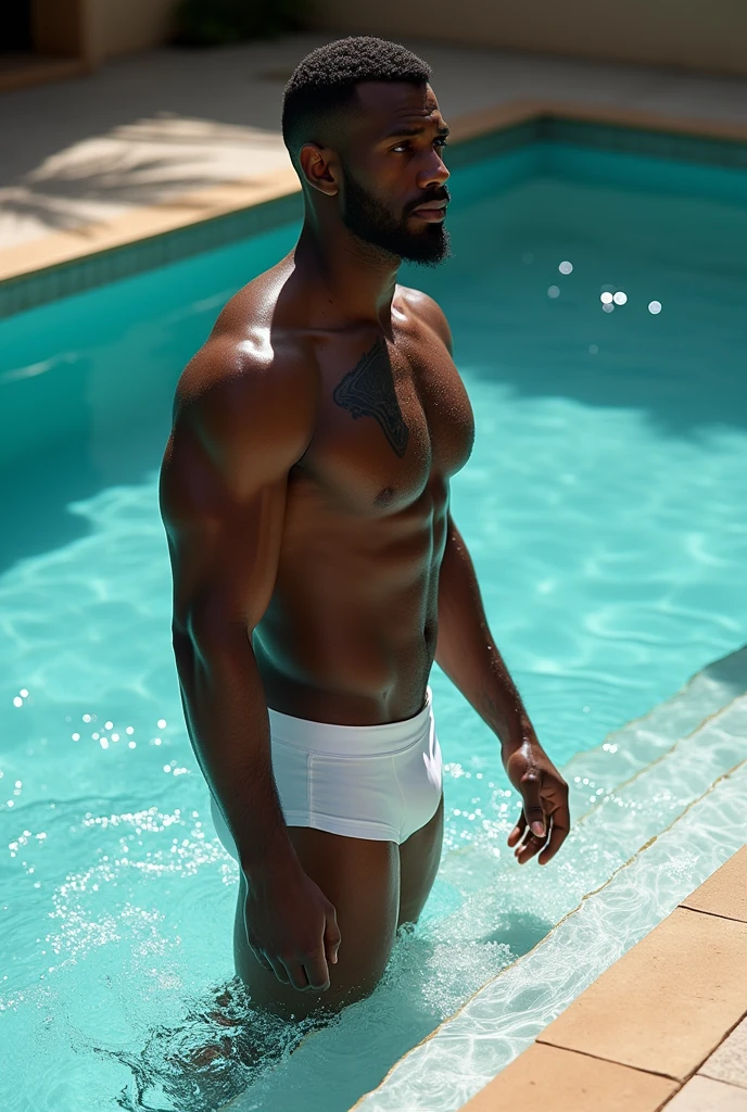 Man of 1,94 meters tall, dark-skinned, brawny, minimalist humanoid alligator tattoo on the neck, close-shaven beard and dark eyes, walking out of the pool in white briefs by the stairs, showing his big butt through the wet underwear