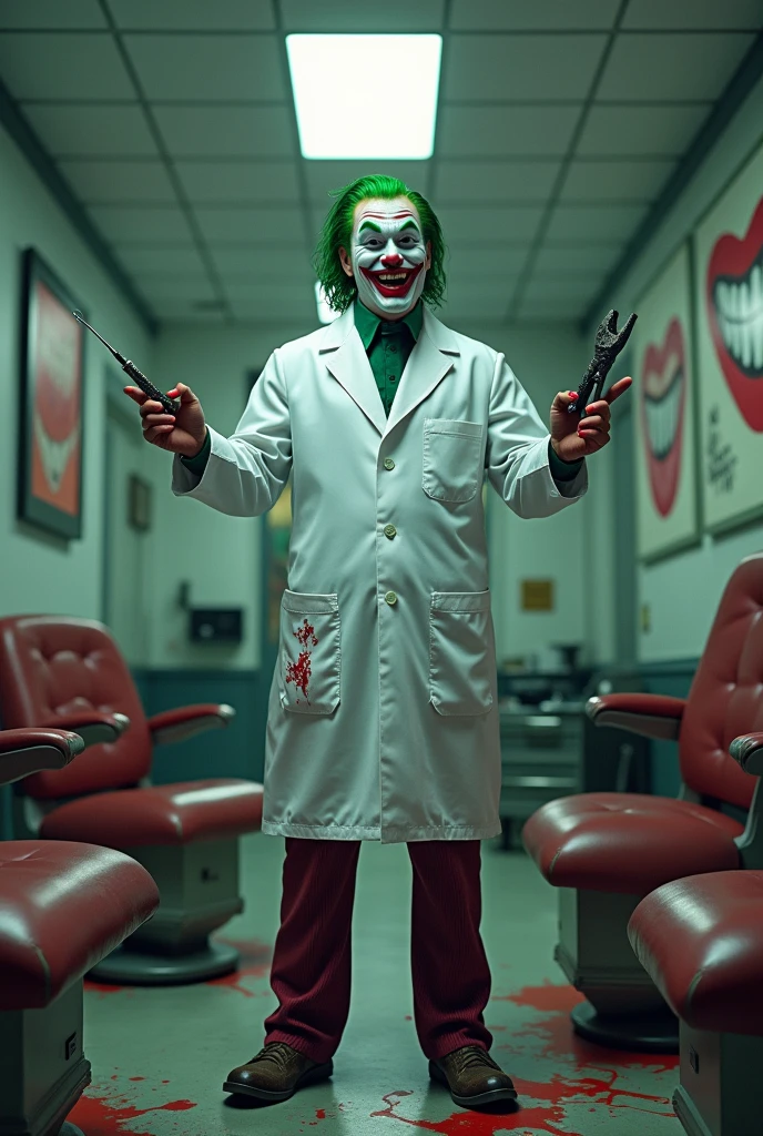 Create an image of the Joker wearing a dentist's smock, holding a needle in one hand and pliers in the other, with a smile on his face.