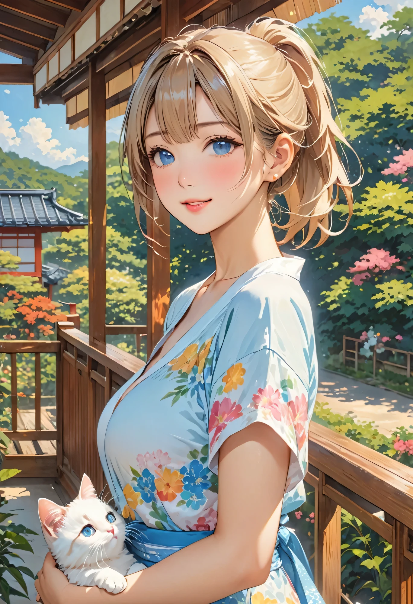 Highest quality、High resolution、Detailed Background、(Beautiful face in every detail:1.4)、Anatomically correct、Teenage beauty、Normal number of fingers、Highly detailed face、Detailed eyes、Huge breasts、Perfect body line、Light color hair、Bobcut、ponytail、Hot summer day、Porche、Japanese-style house、Sweat、Cute gestures、kitten、
(Porcheで猫と遊んでいる2人の美少女が涼を求めて団扇を扇いでいる:1.5)、
Sweaty cheeks、Fanning with a fan、Summer scene、the scenery of everyday life in summer、cute