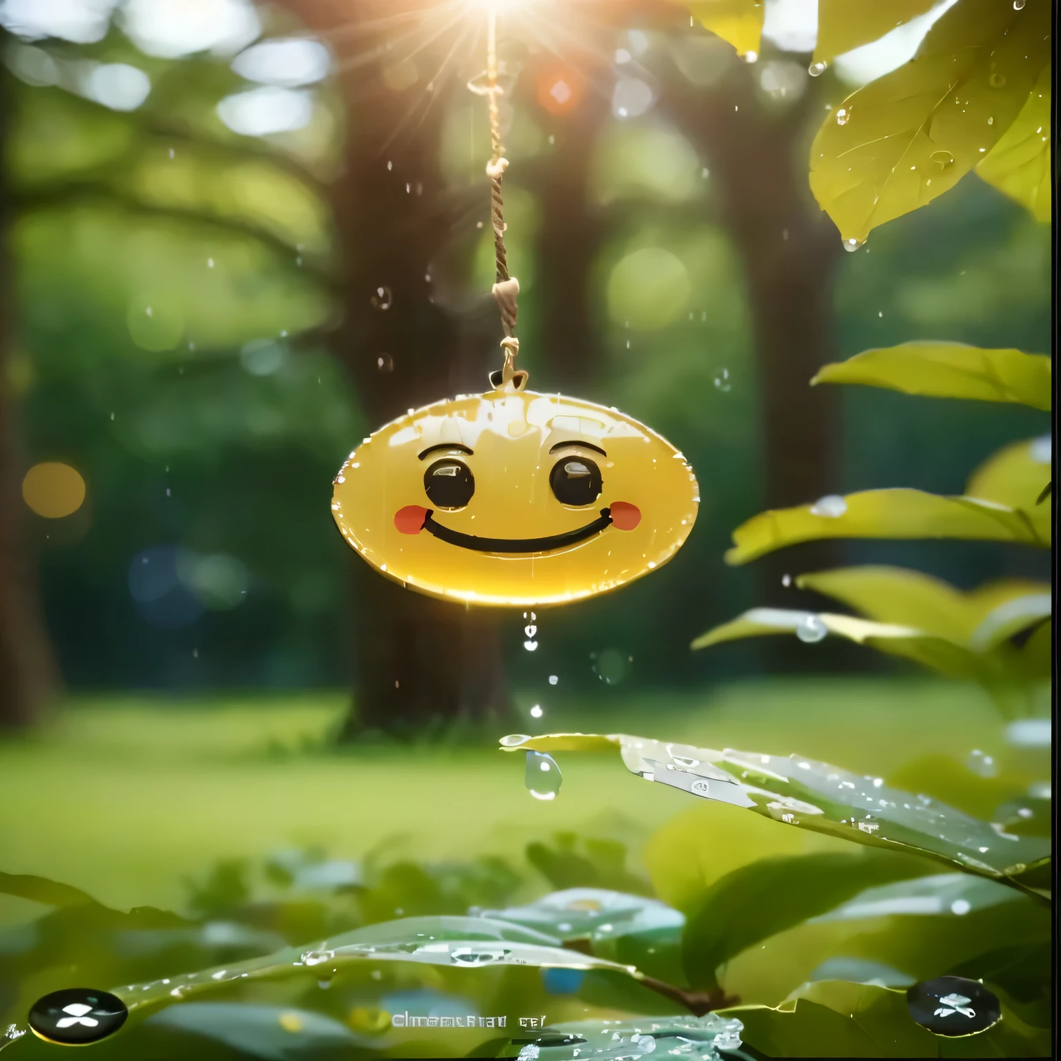 there is a Smiley face hanging from a tree in the sun, covered in water drops, Smiley, emoticons, happy Smiley, laughing emoticons, cheerful grin, smiling, it's raining, Smiley face, funny emoticons, digital art emoticons collection, drops, happy face, right after the rain, ๐ฟ๐ธ๐, rain drop, one still happy, emoticon