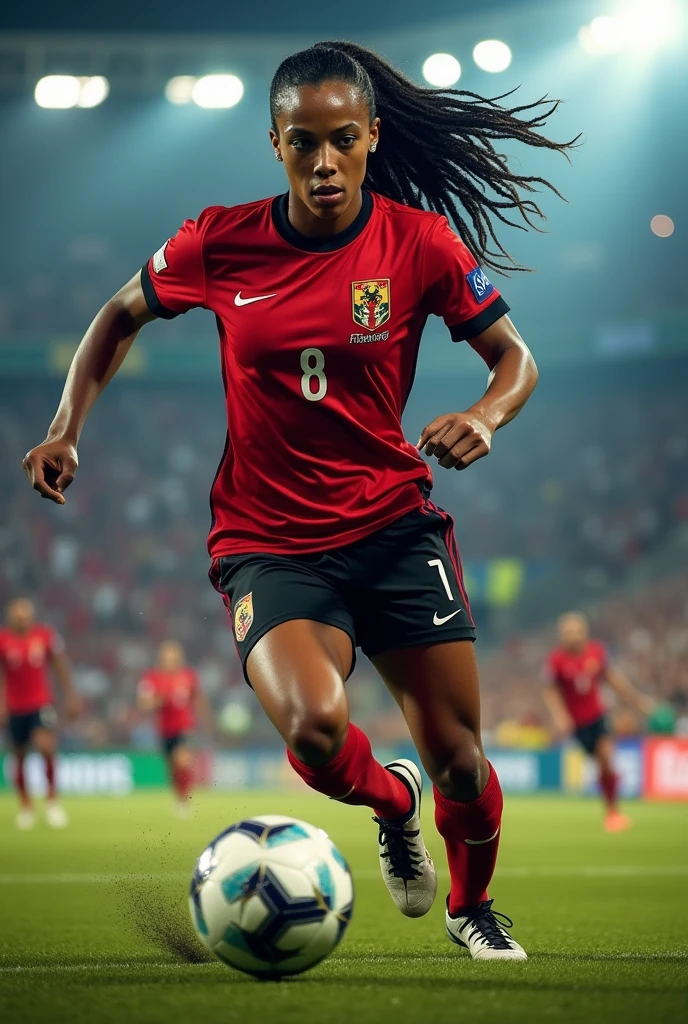 drawing of a soccer player from the Flamengo team, stark, dark-skinned, she has small diamond earrings, short graduated hair