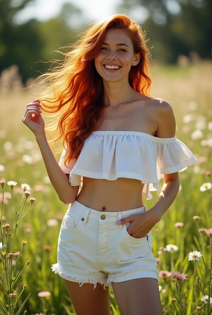 A white girl with red hair dressed in a white crop top and white shorts
