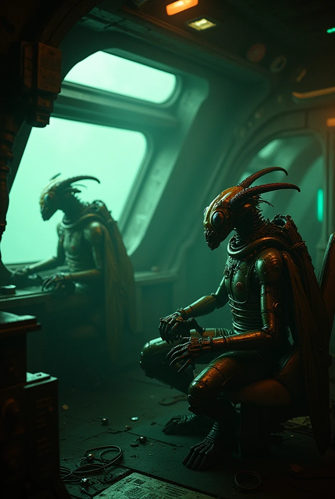 dark sci fi space ship interior nostromo, alien Prometheus movie style, slightly messy retro futurism realistic cockpit bridge hazy atmosphere with green insectoid dragonfly humanoids with hornet heads in space suits manning turret stations