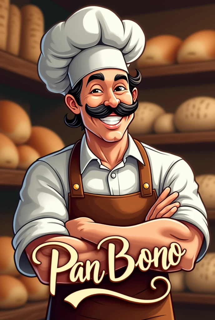 Create a logo with an Italian baker chef with a mustache smiling and gesturing with his hand that says 'pan bono'