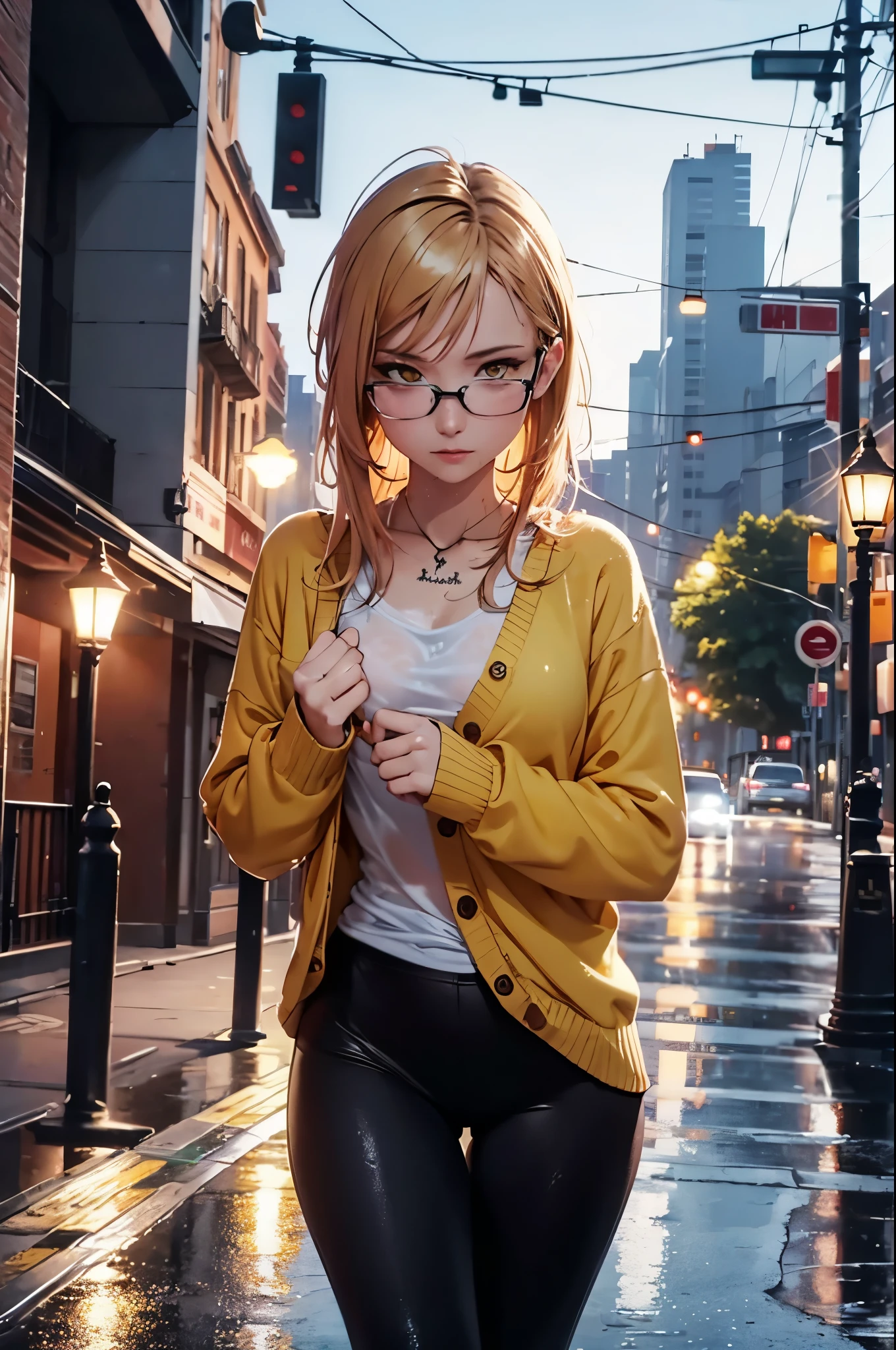 best quality, masterpiece, cinematic lighting, intricate, cinematic detailed realistic background, detailed face, full body, small breasts, realistic, ligne claire, 1girl jogging, cityscape, night, tied shirt, looking at viewer, tattoo, model pose, open cardigan, ringed yellow eyes, streetlight, lamppost, yoga pants, split-color hair, glasses, wet clothes