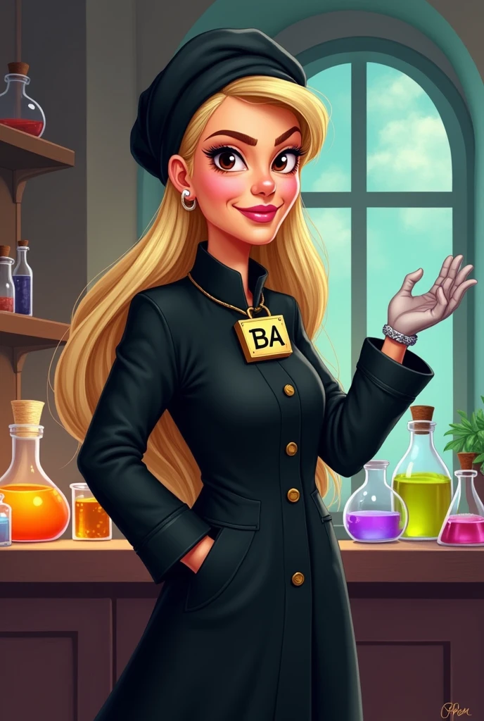 Make a Disney style drawing, professional in a black lab coat, rectangular gold brooch inscribed BA, wearing black gloves, straight blonde hair, comprido, eyes browns, wearing a black turban, natural round, Round face, chubby, mature woman in her 50s, with hands pointing to the right side