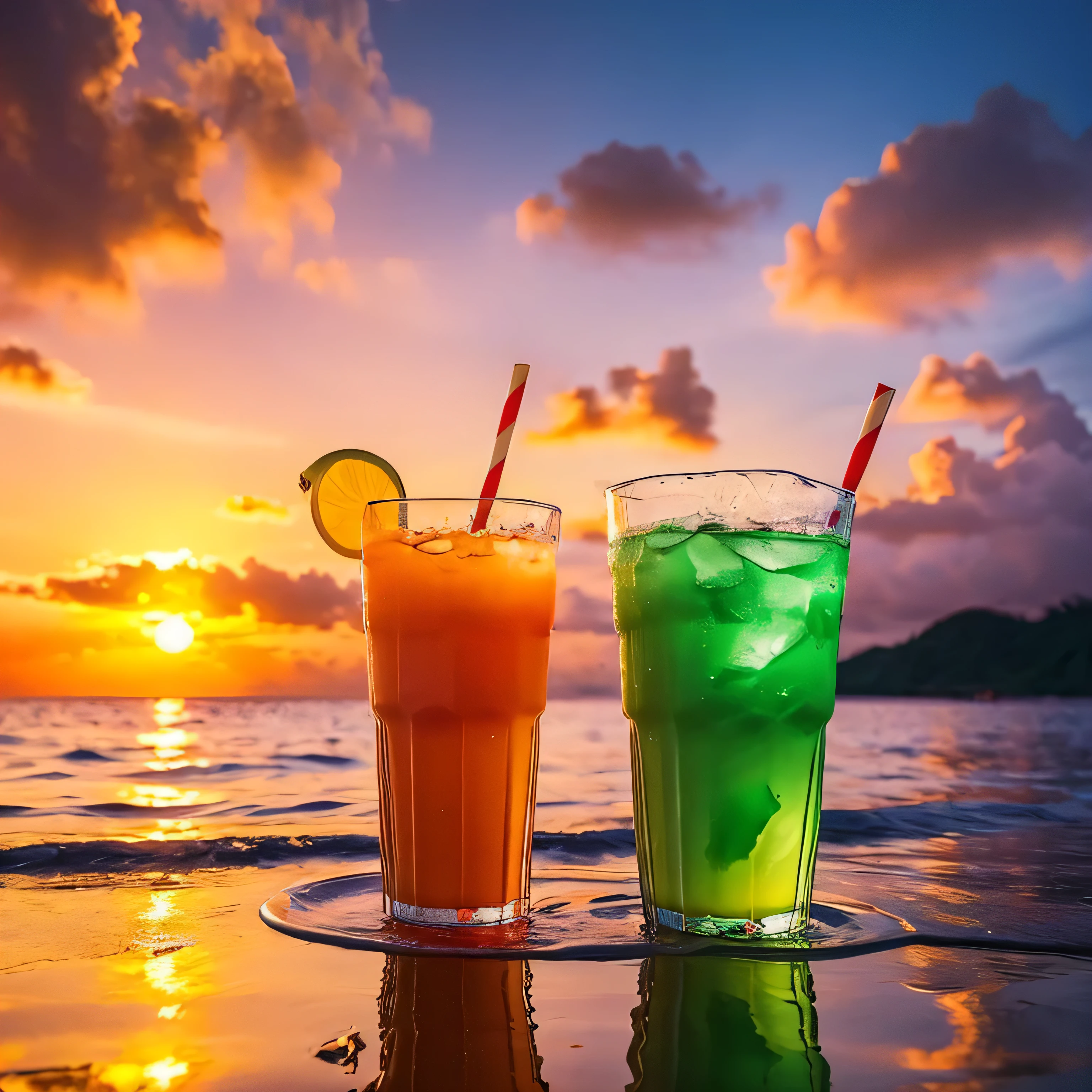 Create an engaging design that blends the beauty of a tropical sunset, Tranquility of the sea, and、The appeal of tropical juice. What is your job?、The goal is to create an image that evokes tranquility and a longing for a tropical escape.
Paint a breathtaking sunset over the tranquil water, Shining Sea. The sky is a warm orange, pink, Purple and, and、The sun slowly dips below the horizon, Cast a golden glow on the water's surface. Waves gently crash on the shore, and、A calm and serene atmosphere fills the scene.
In the foreground, Feature a tropical juice tail that embodies the vibrant colors and flavors of paradise. The beverage should look cool and refreshing, Condensation forming on the glass. Add garnishes such as fresh fruit slices or colorful umbrellas、Enhance the allure.