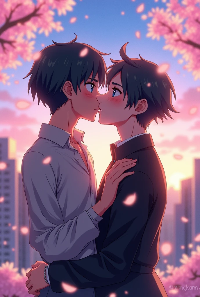 (anime)Generate an image of Akito Shinonome and Toya Aoyagi from the video game Project Sekai kissing.