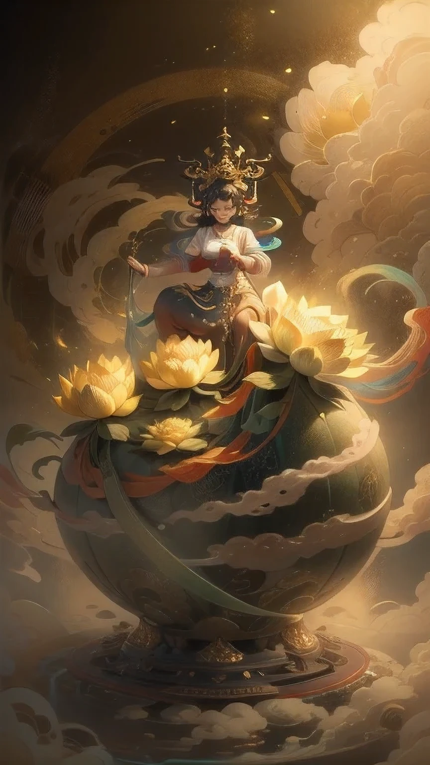 Fantasy，8k,Highly detailed CG unit wallpaper, masterpiece,High resolution,Highest quality,Highest quality real texture skin,,Increase the resolution,RAW Photos,Highest quality,Very detailed,wallpaper,Cinema Lighting,Ray-tracing,Golden Ratio, Extremely colorful,Colorful isekai ,(very noble ,, godliness,Three thousand worlds,Infinite happiness,joy,no gravity,Milky Way,background\(heaven\),in the Thick Fog,(Thick Fog:1.5)\),\(below heaven,look up\),(Thick Fog:1.5)，Color is empty，Urgent as a command，Wide-angle lens，Wide composition，Benzaiten，Lotus flowers in full bloom，5th Dimension