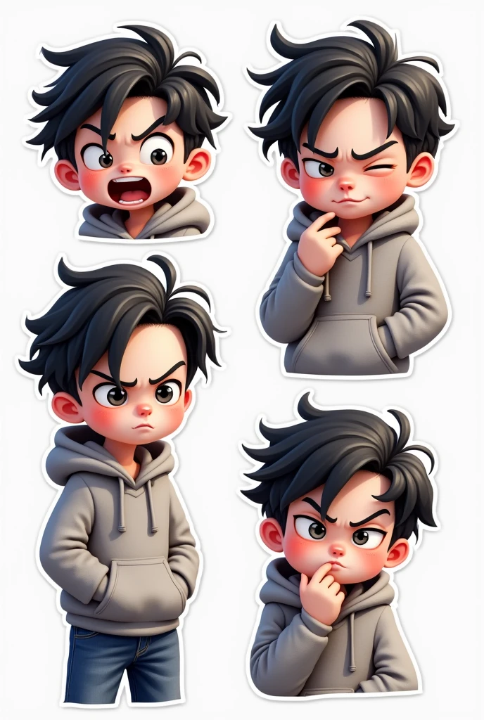 I want to create a series of stickers for WhatsApp and Telegram here the character has white skin, black eyes, black hair, gray hoodie, he's a boy, shoulder head stiker series. Funny, angry, thinking